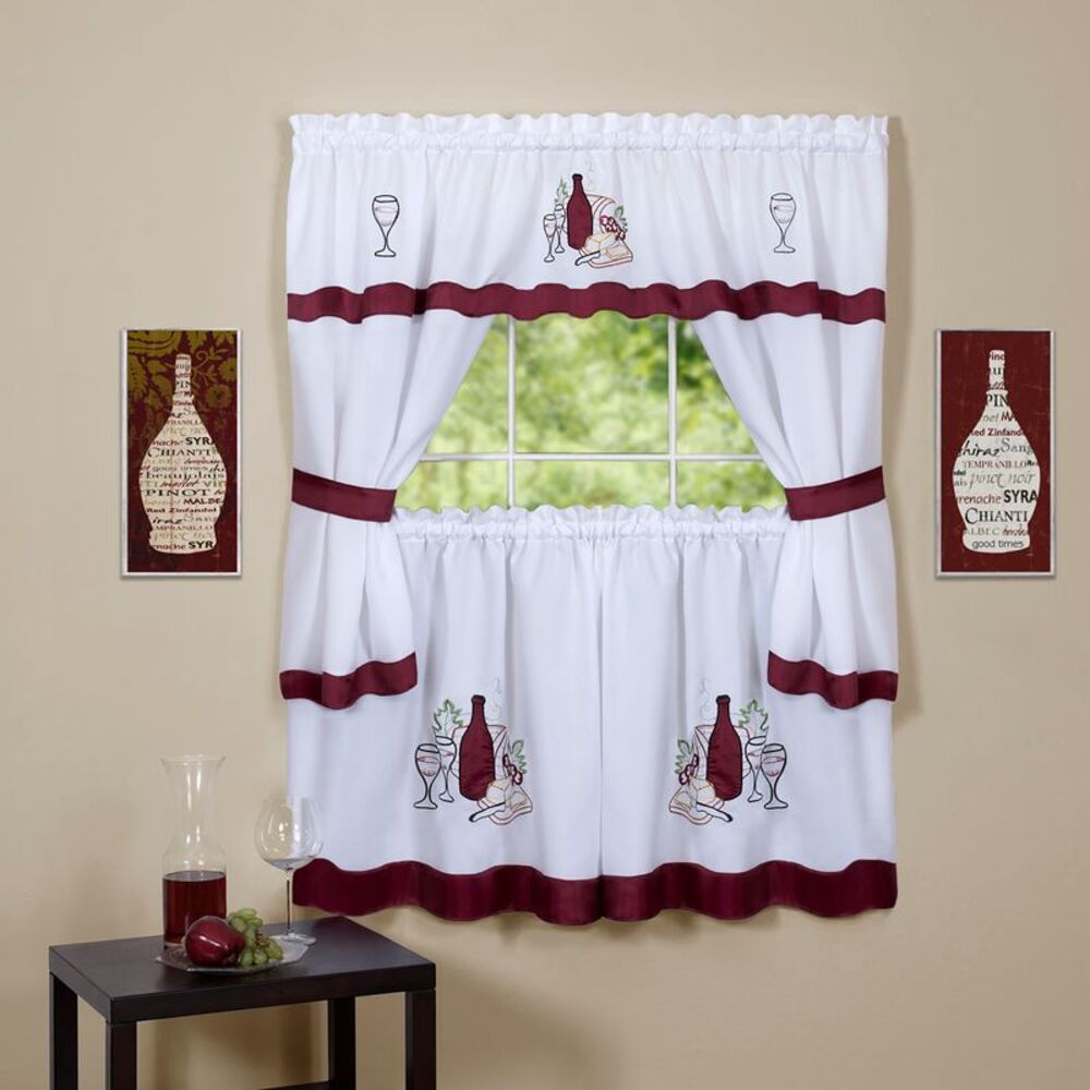 Cabernet Window Kitchen Curtains 3-Piece Embellished Cottage Set - 56" (W) x 36"